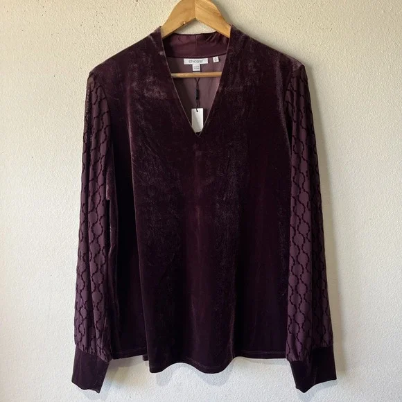 Chico's  Velvet Art Deco Burnout Sheer V Neck Blouse  Fairy Holiday US XL/3 New - Picture 2 of 9